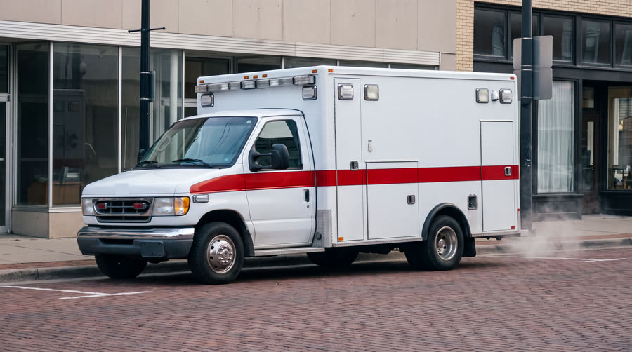 Unmarked ambulance posted alone under a streetlamp late at night, engine idling