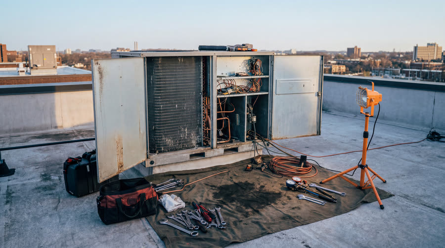 Rooftop HVAC installation left mid-job at night, work lamps still burning