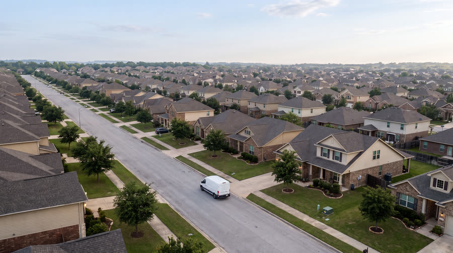 Aerial view of an endless suburban neighborhood at dusk, one service van alone on the routes